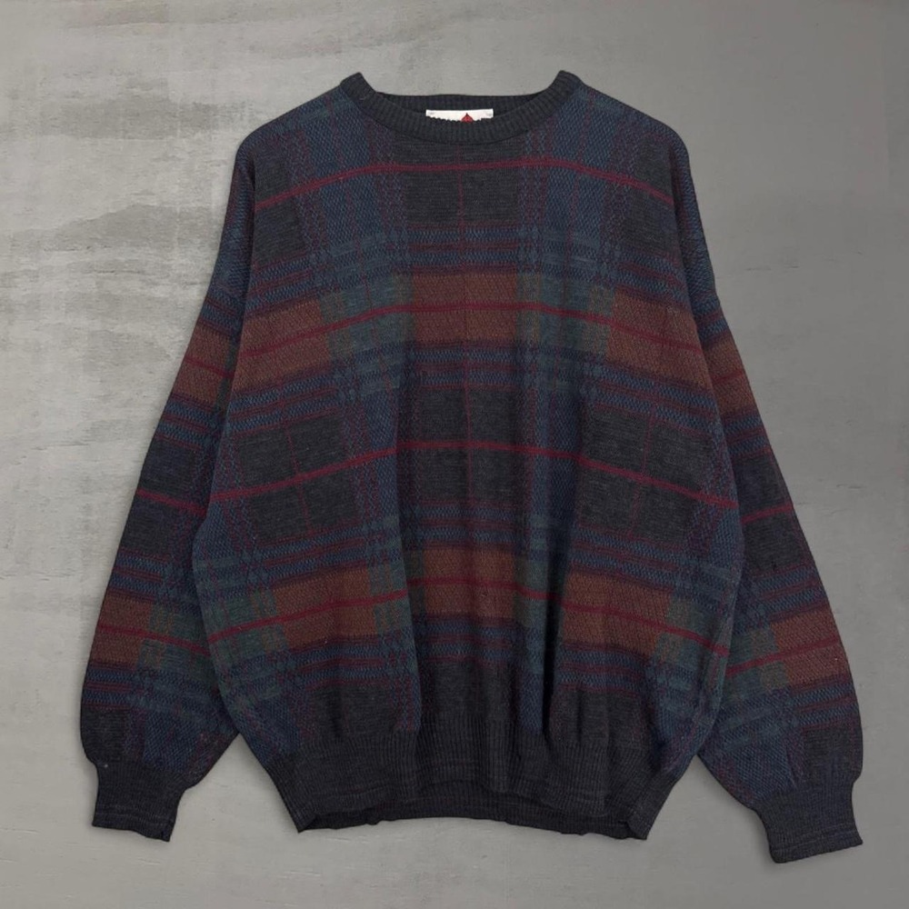 Vintage Florence Tricot Argyle Plaid Sweater Grey Wool Blend Made In Italy XL